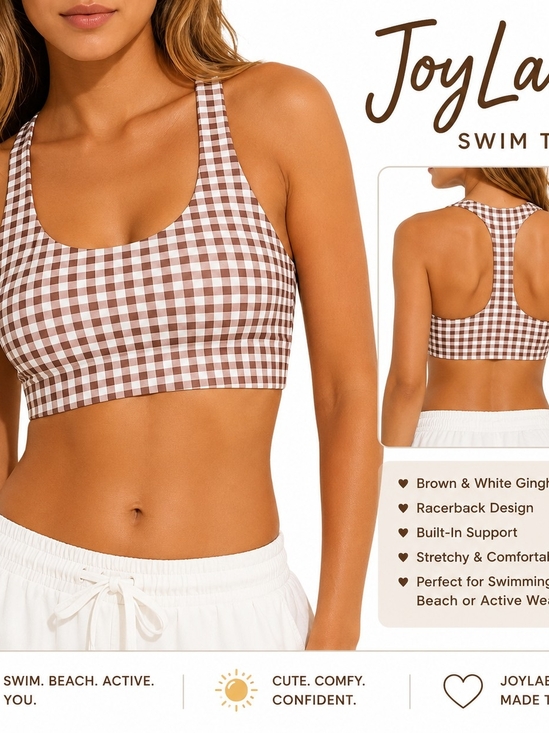 JoyLab Other - JoyLab Brown & White Gingham Racerback Swim Bra